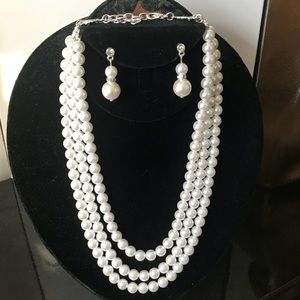 Bridal 3 Row Pearl Necklace with Pearl Earrings